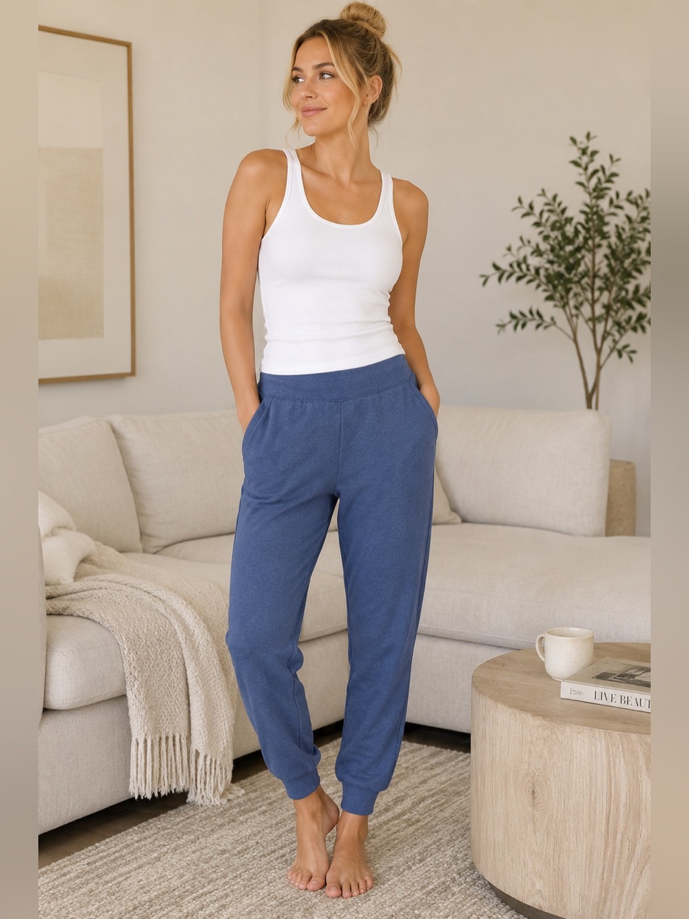 Blue Soft Knit Jogger Pull On Pants Lounge Athleisure Travel Weekend Large